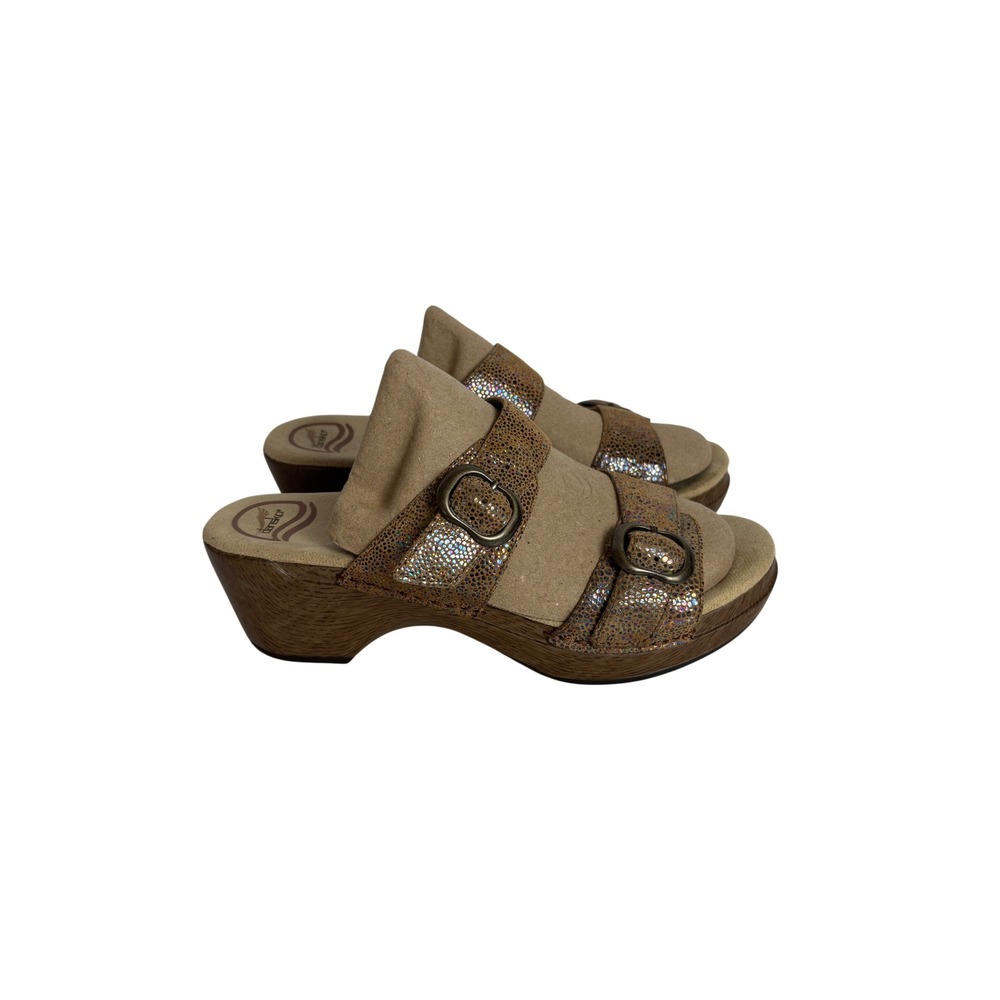 Dansko Metallic Bronze Pebble Leather Buckle Slide Sandals Clogs Sz 39 EU